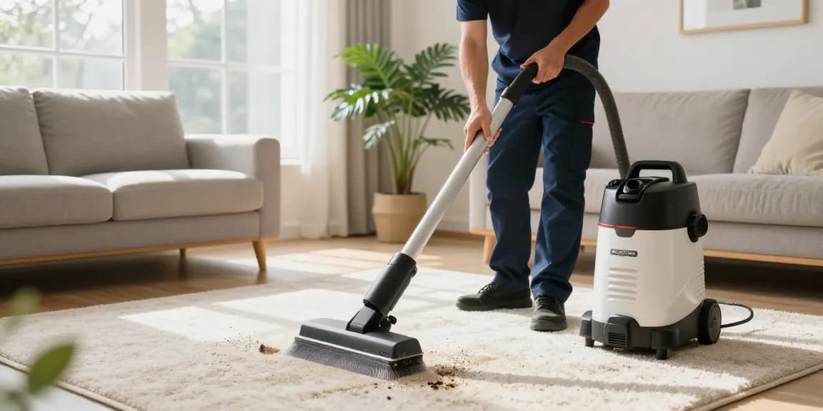 Professional carpet cleaning near me in a cozy living room, highlighting a technician using hot water extraction.