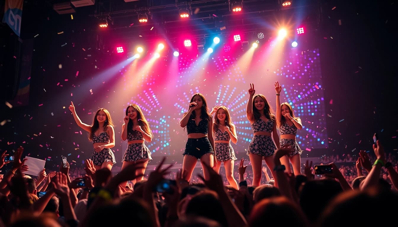 Catch the latest Blackpink news featuring the group's vibrant stage performance adorned with colorful lights.
