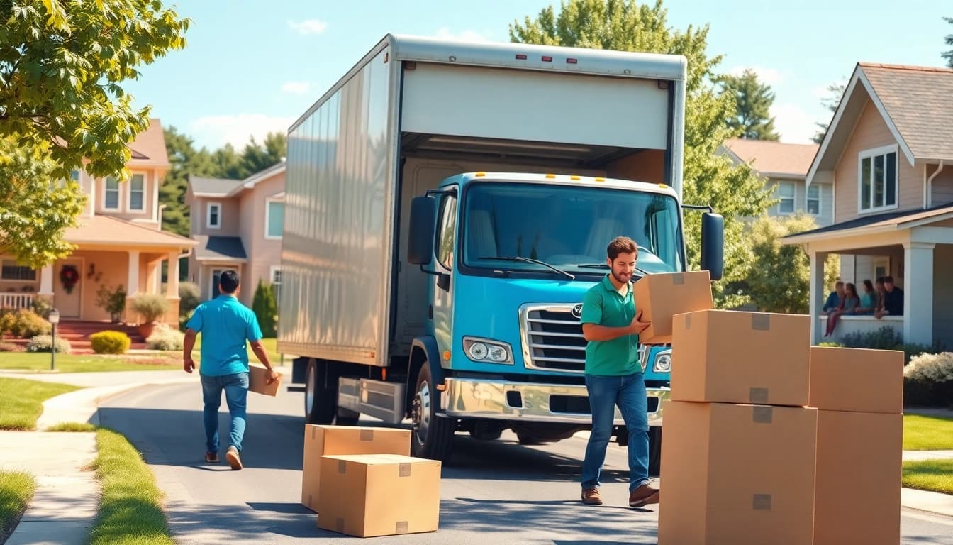 Efficient crew handling removals near me in a vibrant suburban setting with a moving truck.