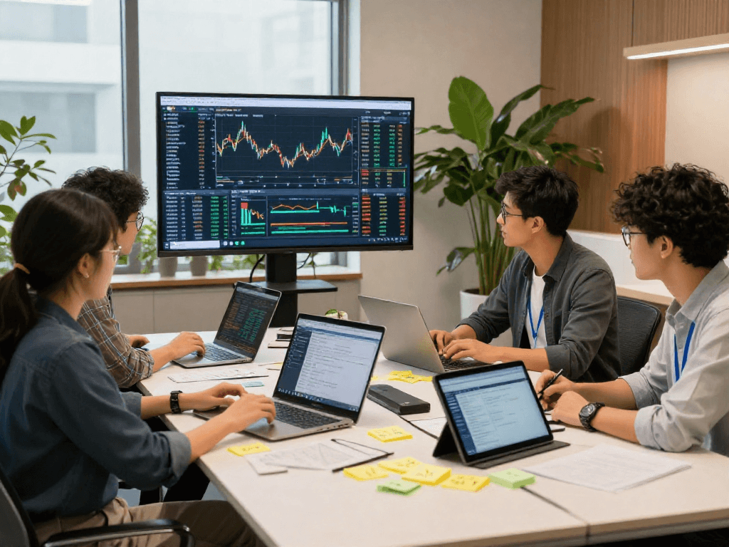 Dynamic fintech team reviewing HKEX stock data feed in a modern office.