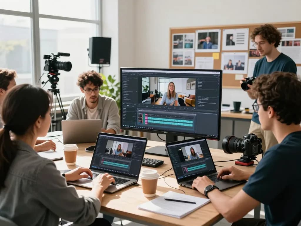 Team collaborating in video production studio using video to prompt ai for content creation, showcasing work environment.
