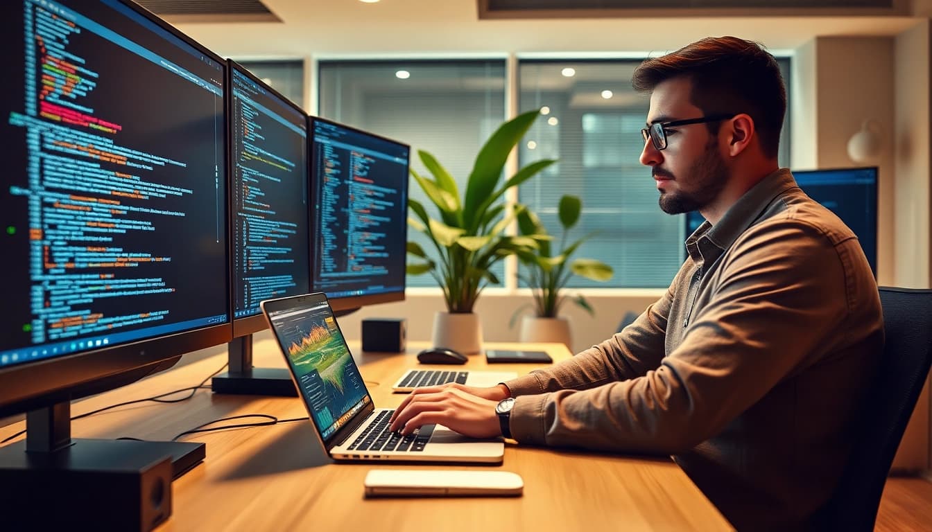 Developer utilizing web scrapping tools on multiple screens in a modern office.