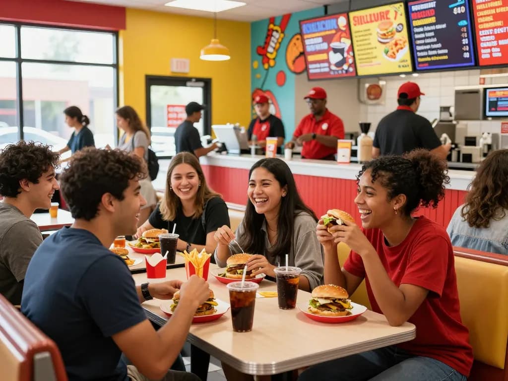 Group of friends enjoying fast food prices at a lively restaurant booth filled with colorful meals.