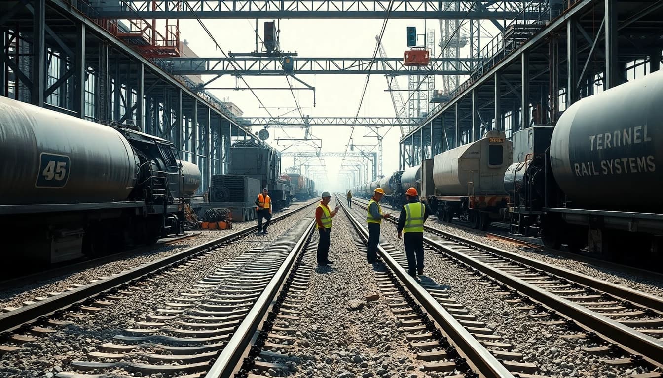 Engineers collaborating at a rail systems company construction site with machinery and train tracks.