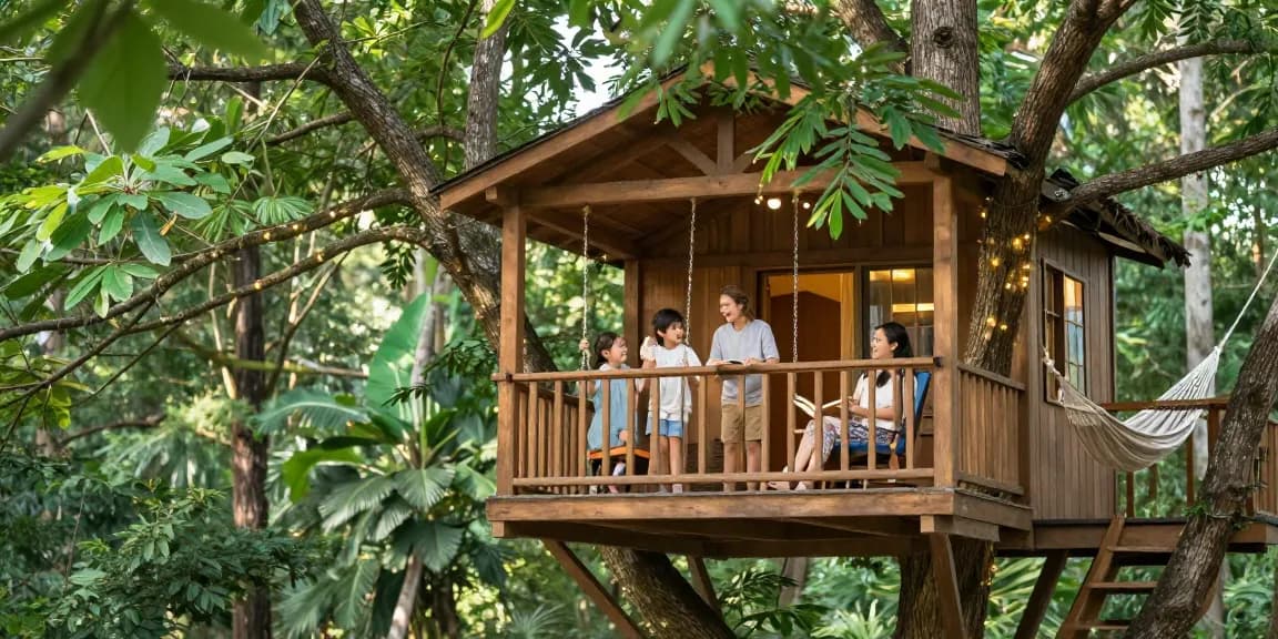 Family enjoying time in a treehouse, reflecting the joy of outdoor living.