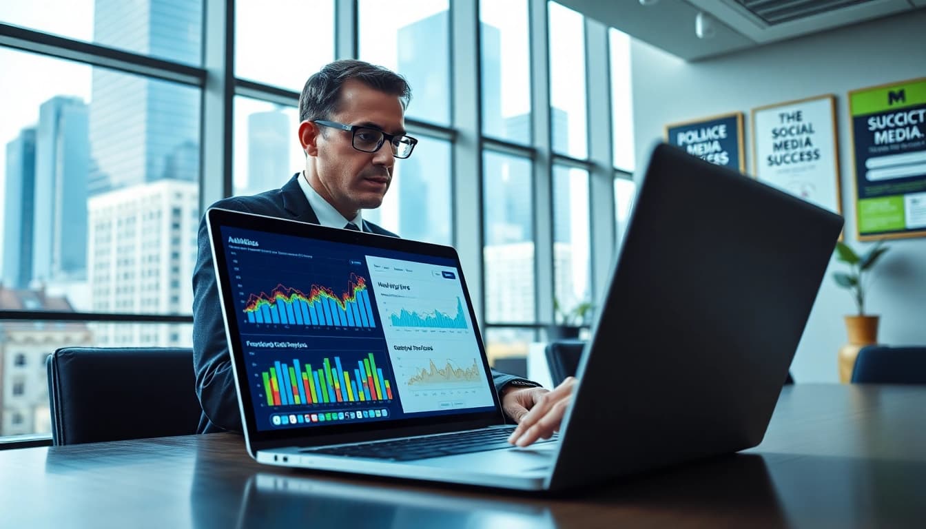 Analyze Instagram smm panel metrics with a digital marketing expert in a modern office setting.