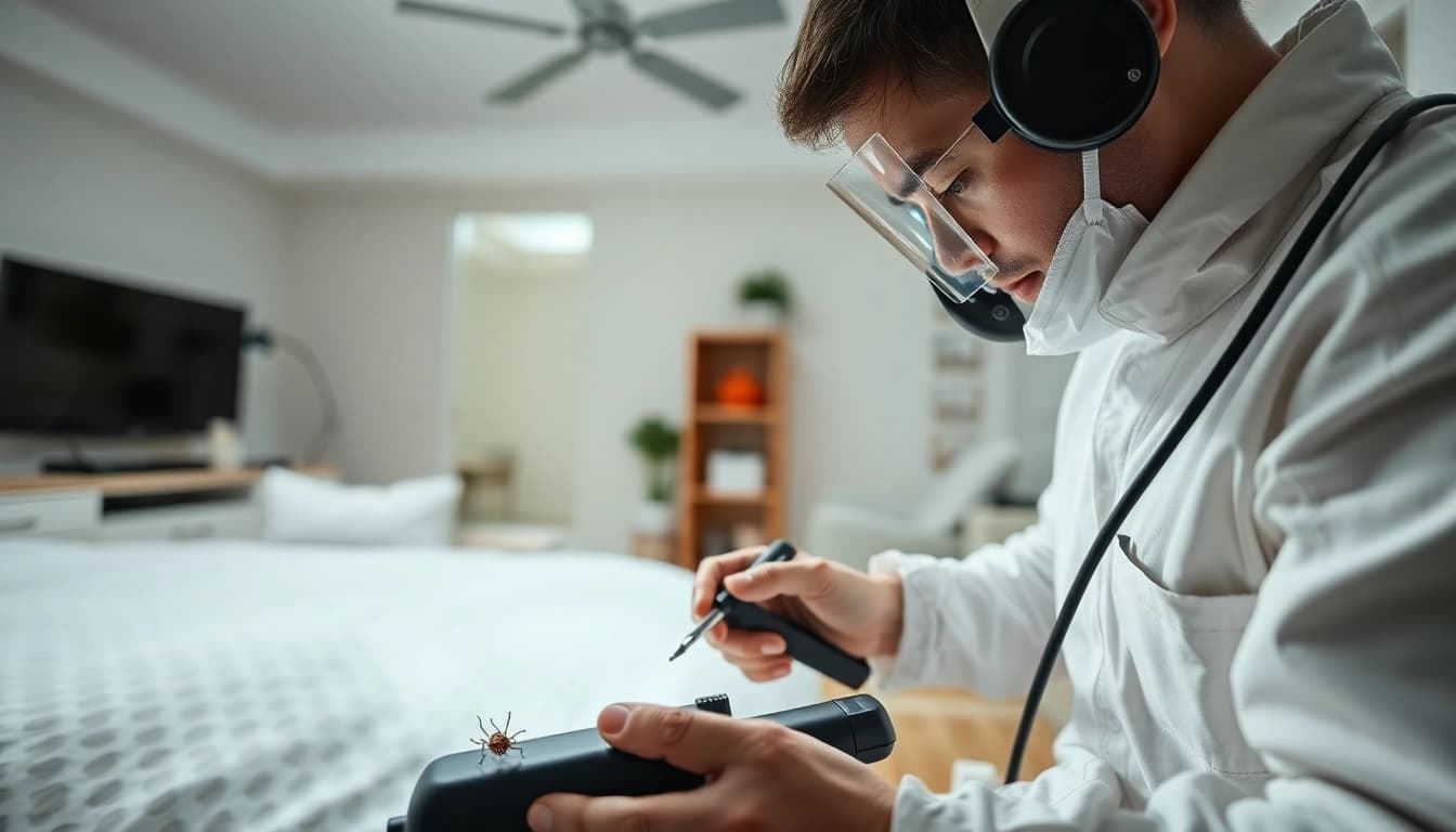 Bed bug exterminator efficiently treating a residential setting with advanced methods to eliminate pests.