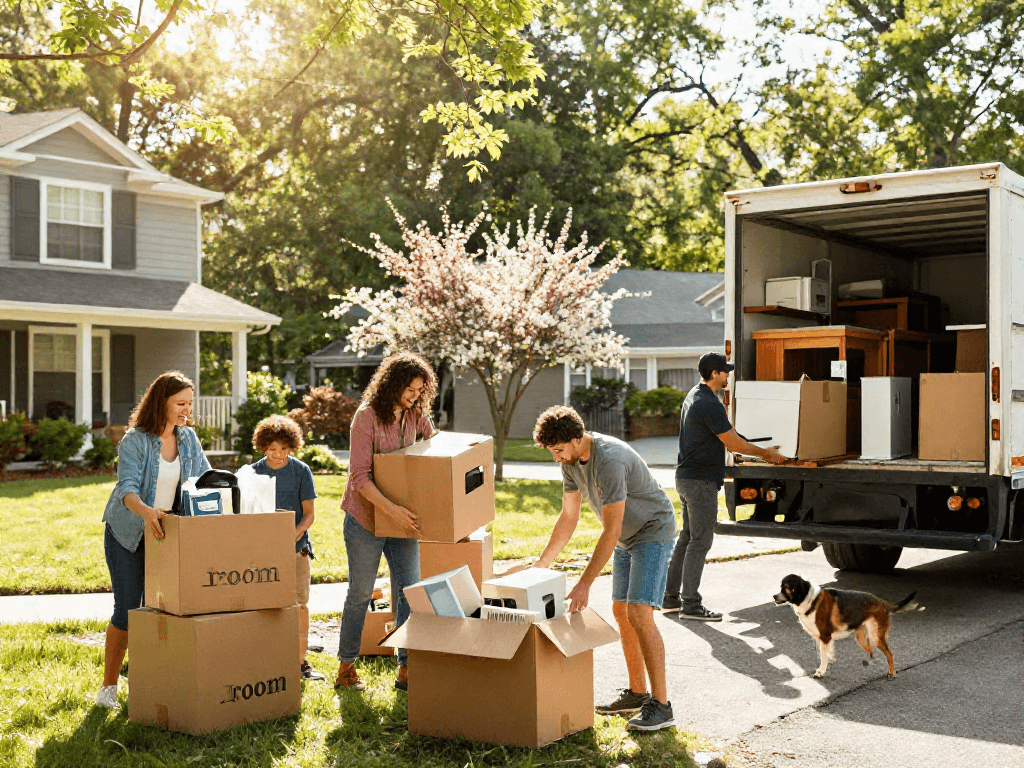 Professional movers assisting a family in Asheville with joyful packing and loading of boxes into a moving truck.
