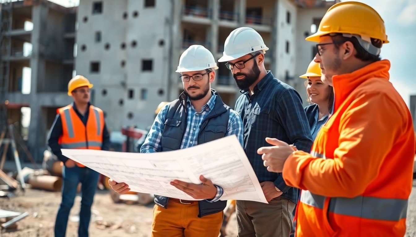 Explore careers in construction with diverse professionals collaborating on a building site.