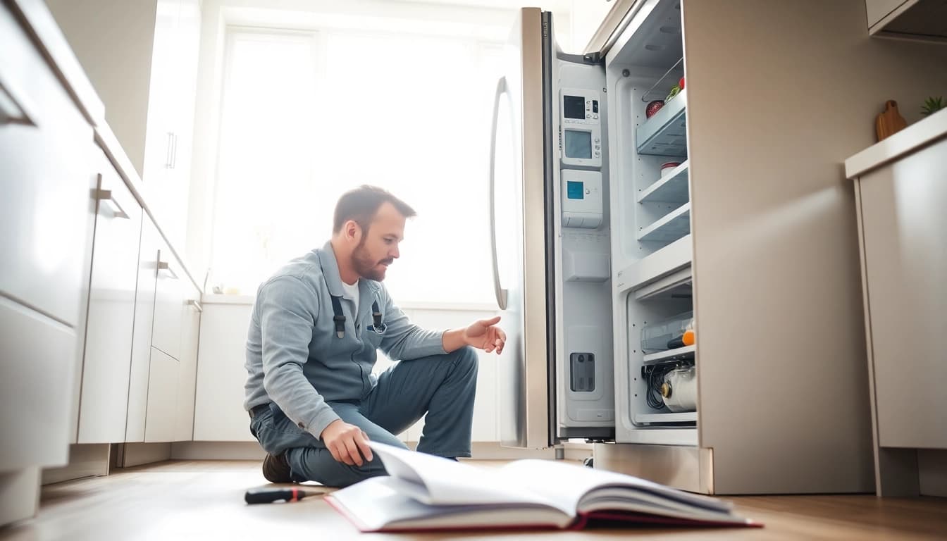 Technician conducting appliance repair work in a modern kitchen.