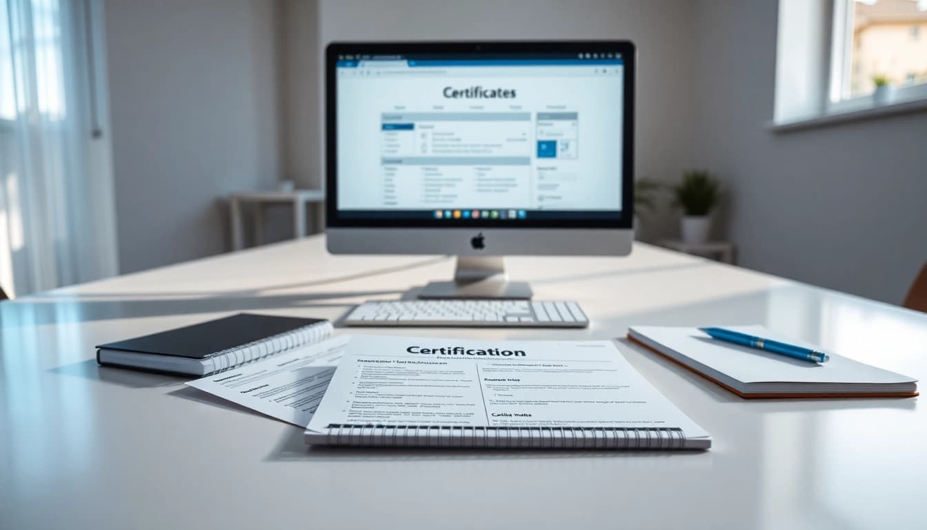 Explore options to get certified illustrated on a sleek desk with computer and study materials.