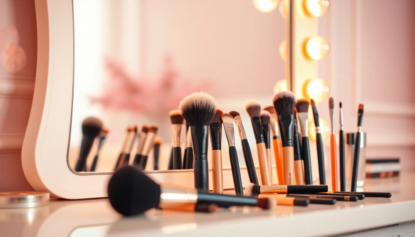 Explore professional makeup blending brushes on a stylish vanity with soft lighting.