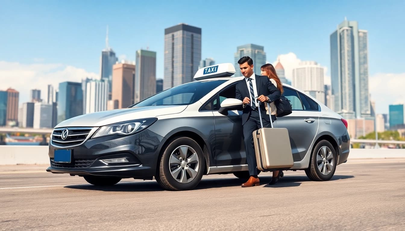 Experience long distance taxi transfers with a modern taxi assisting passengers in an urban setting.