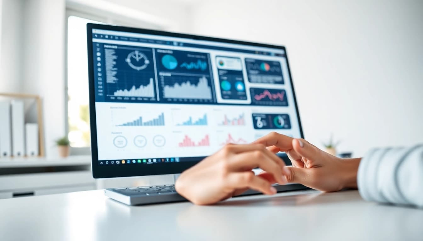 Showcase of AI Software in use, featuring a computer interface and charts for tech professionals.
