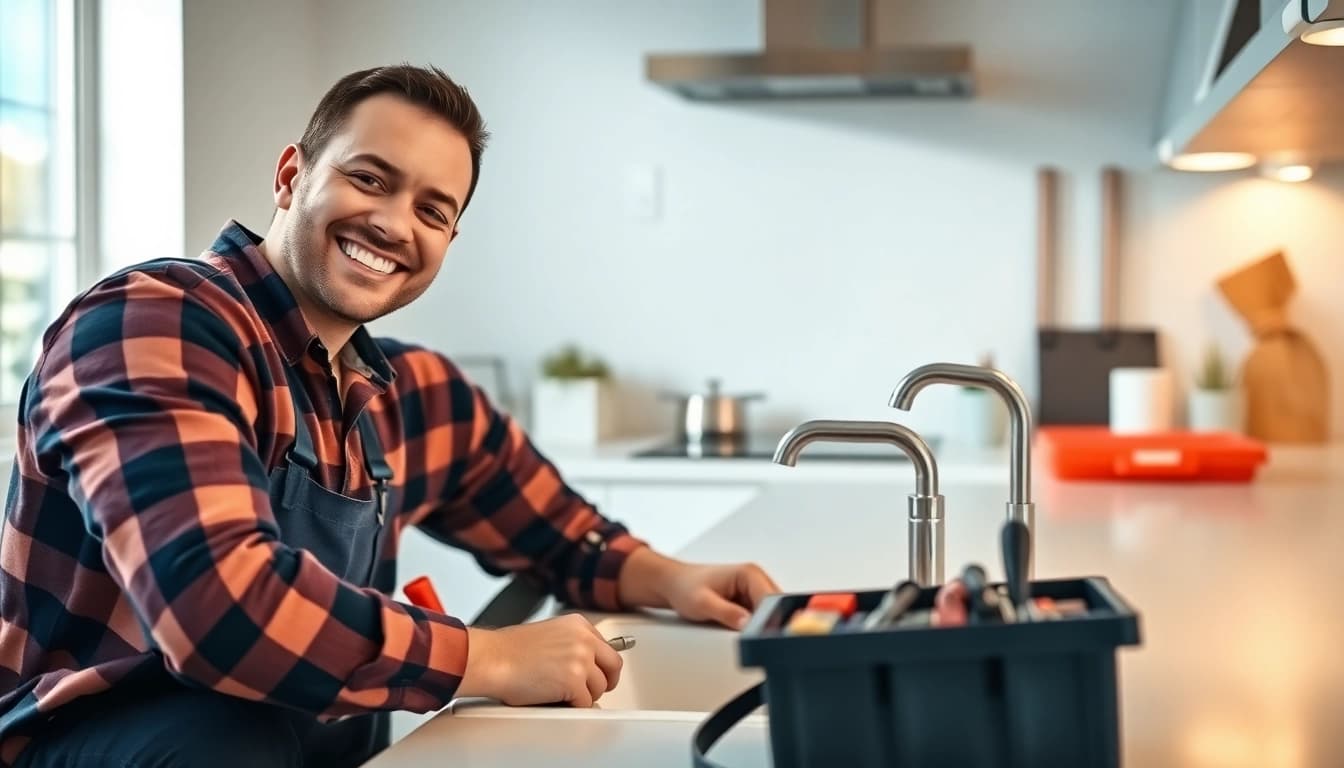 Bristol plumber repairing a sink with professional tools in a bright kitchen setting.