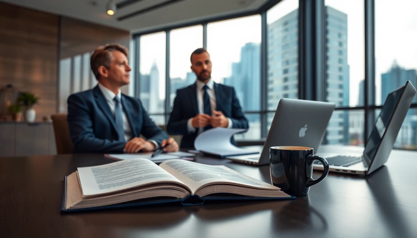 Real estate lawyer consulting with clients in a modern, professional office.
