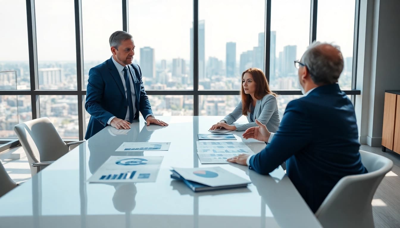 Engaging discussion about international real estate investment in a modern office setting.