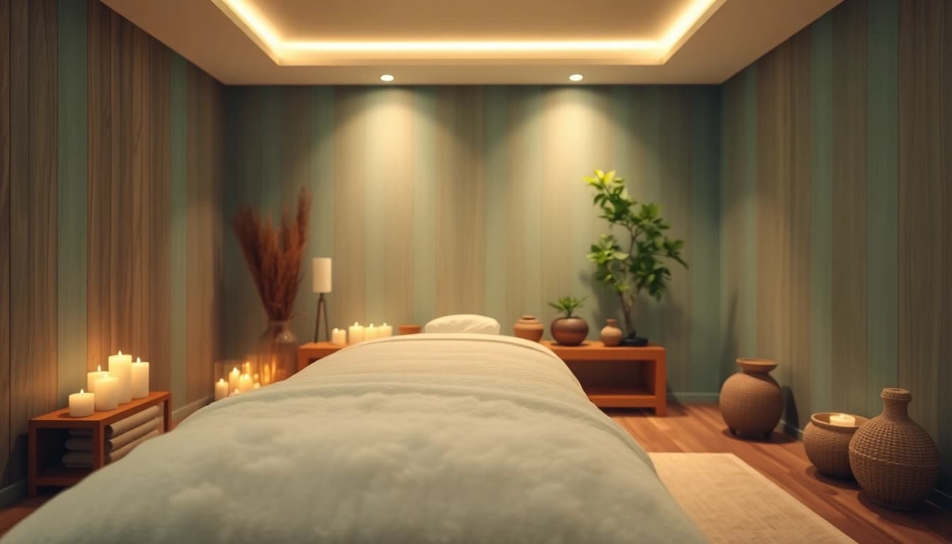 A tranquil massage room set for 출장안마 with soft lighting, calming colors, and inviting decor.