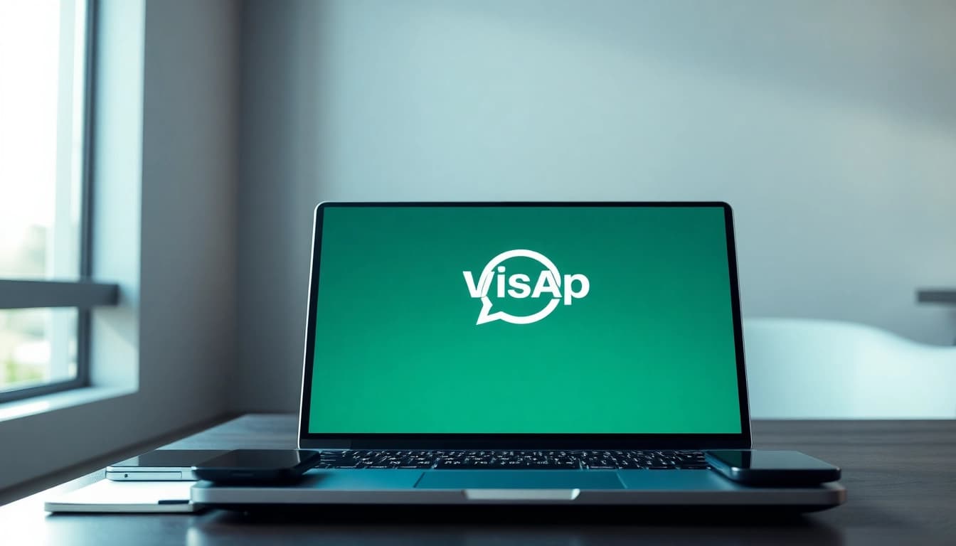 展示 WhatsApp网页版 的工作区场景：笔记本电脑、智能手机与记事本。
