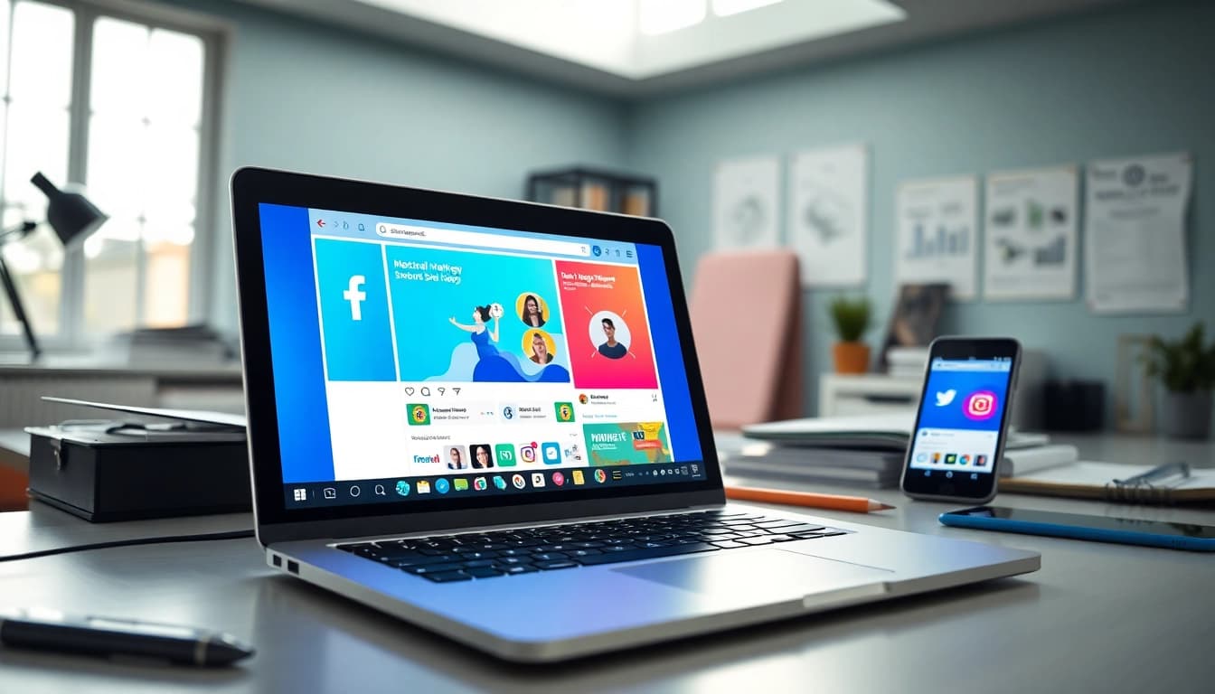 Engaging social media ads displayed on a laptop in a bright modern workspace.