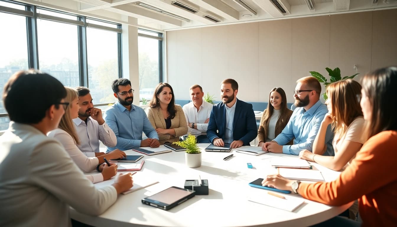 Leaders discussing founder leadership insights in a bright conference room.