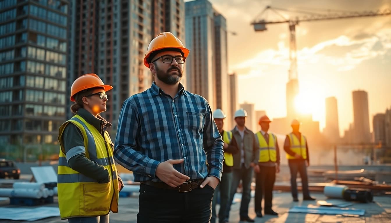 New York General Contractor directing construction teamwork at an urban site.