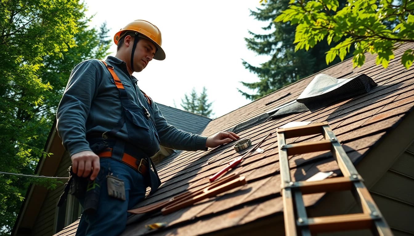 Roof repair in Woodinville, WA showcasing a professional roofer inspecting shingles and tools.