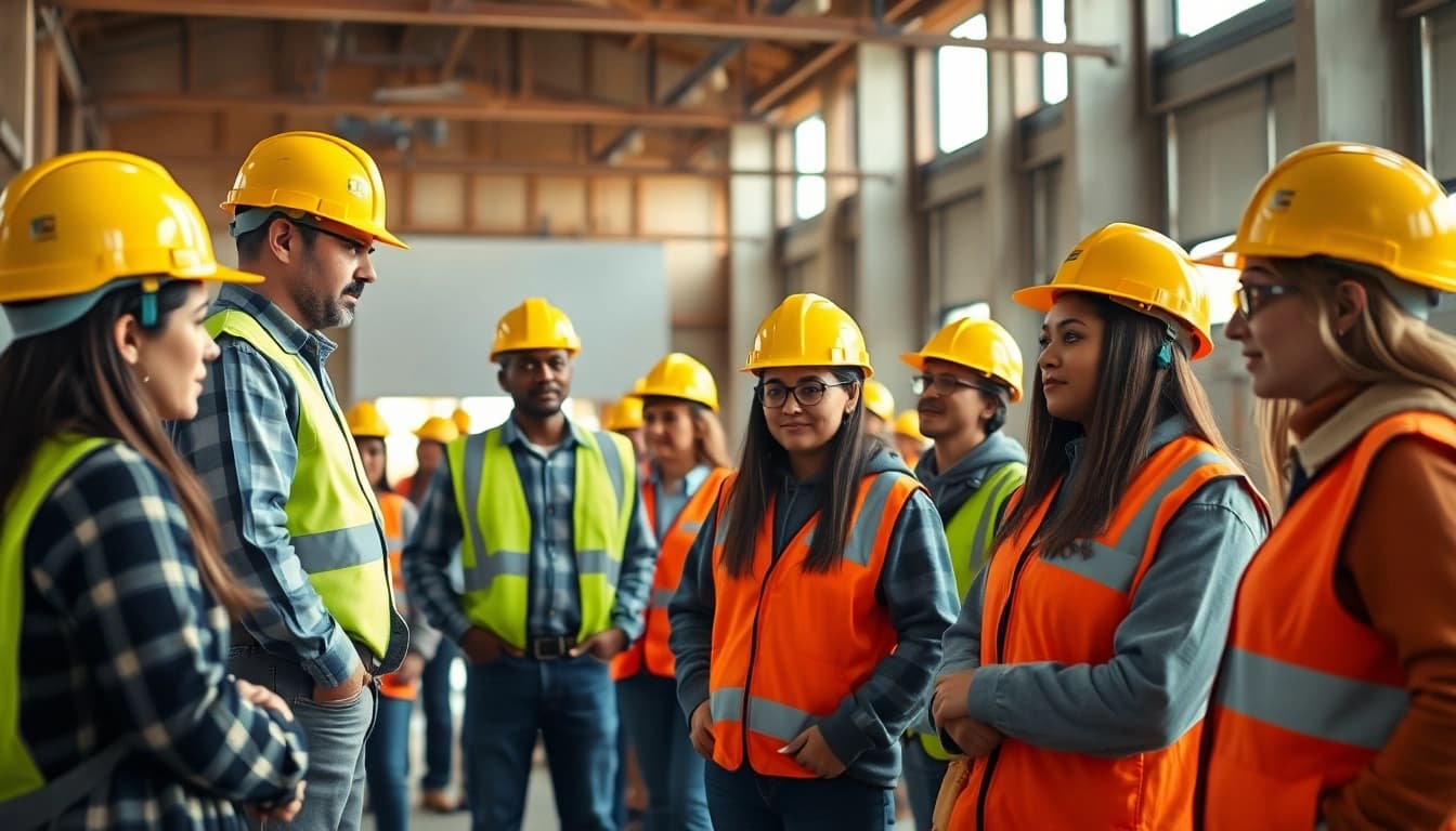 Engaged individuals in construction workforce training showcasing safety gear and hands-on techniques.