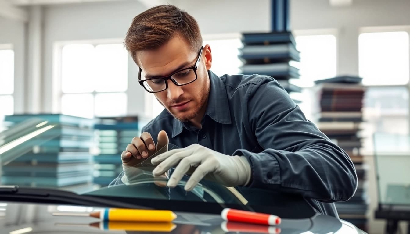 Repairing a windshield with Affordable auto glass Northglenn expert in a bright shop setting.
