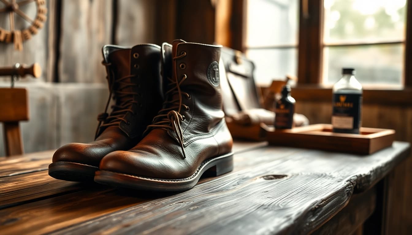 Conditioning oil-tanned leather boots gleaming under natural light, highlighting their rich texture.