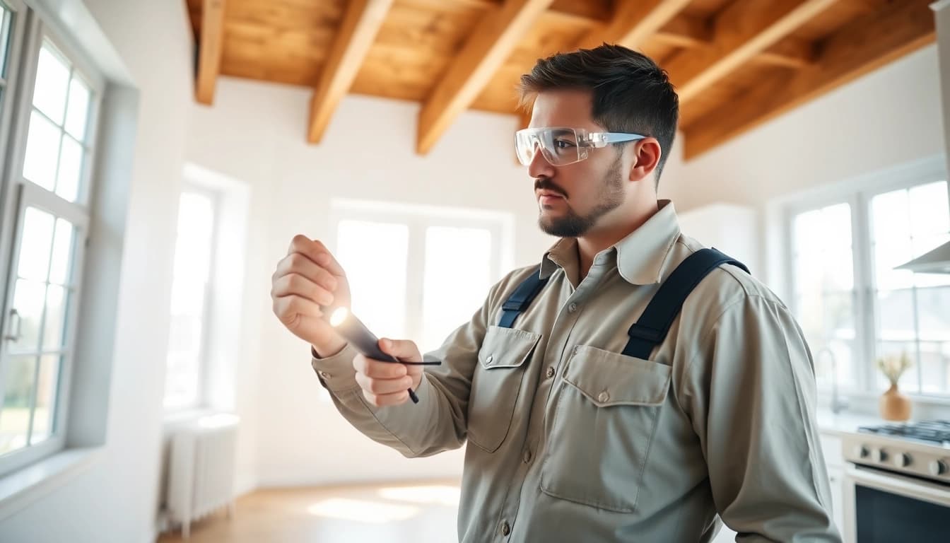 Inspecting for termites with a professional termite treatment company in a bright kitchen.
