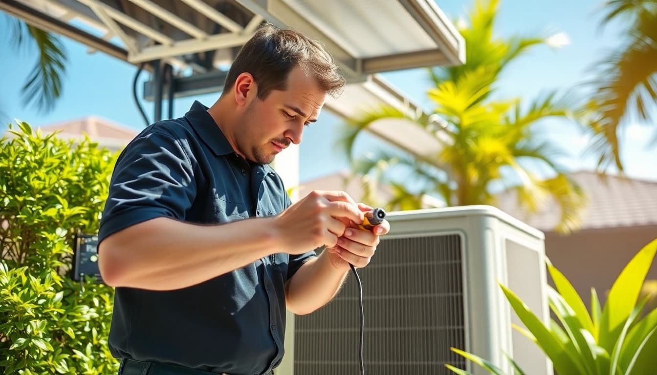 Expert HVAC Repair Tampa technician efficiently servicing an air conditioning unit in a sunny yard.