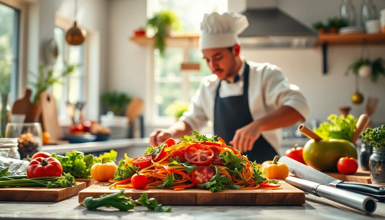 Chef demonstrating cooking techniques with dishfacts-inspired ingredients in a vibrant kitchen.