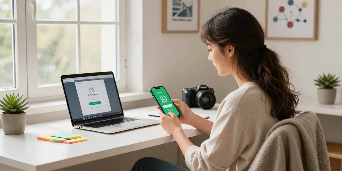 WhatsApp下載 app installation on smartphone in a modern home office.