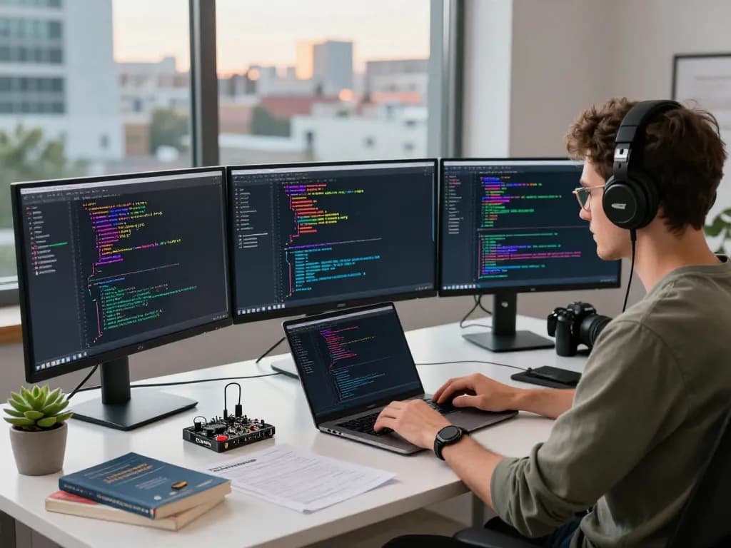 Developer coding with clawdbot integration in a modern workspace, vibrant tech environment.