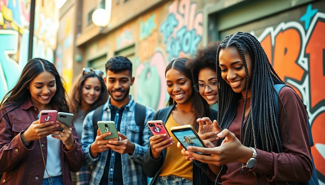tiktok いいね 買うを検討している若者たちが都市の中で交流する様子。
