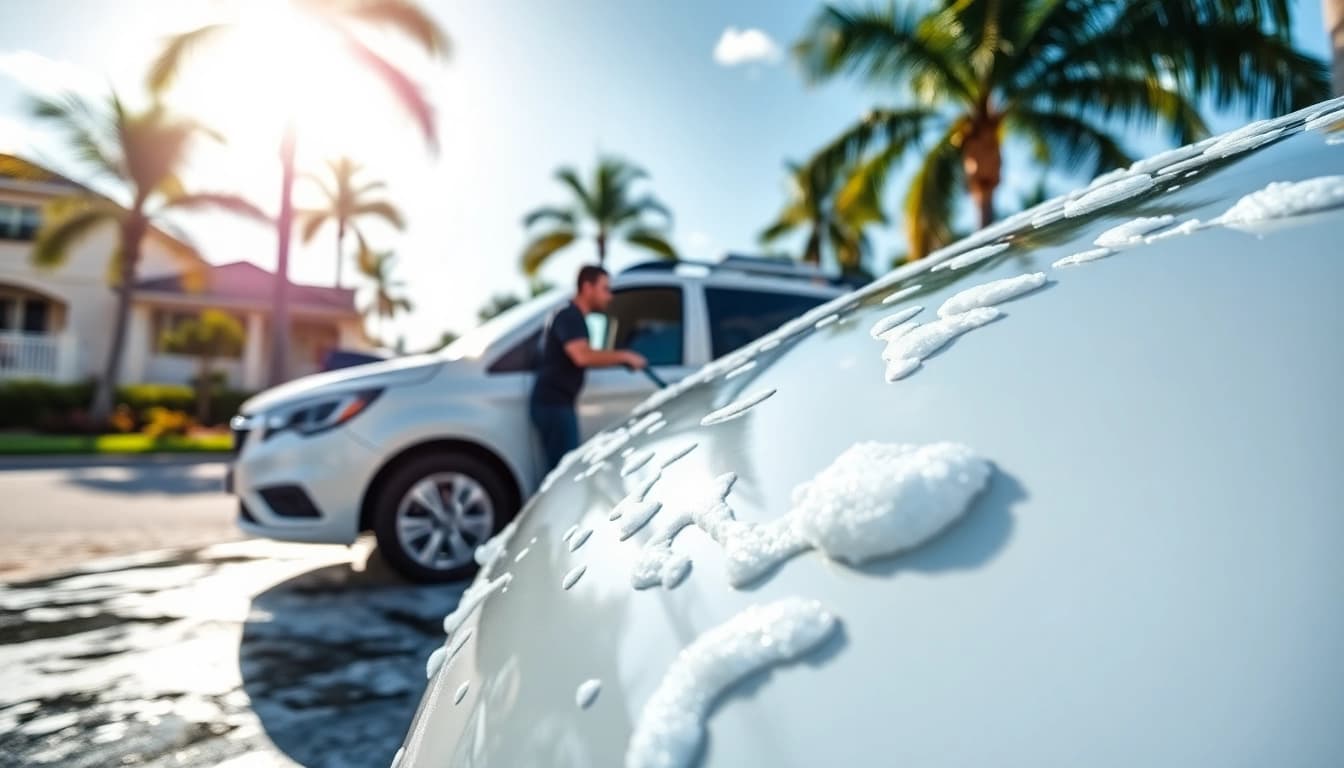 Experience mobile detailing Boca Raton with a top-notch service vehicle cleaning a car in a sunny neighborhood.