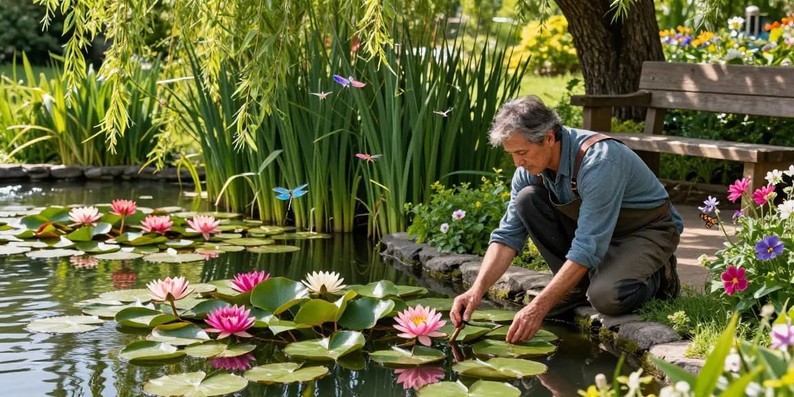 Buy Water Lilies in a serene garden with vibrant blooms and a caring gardener.