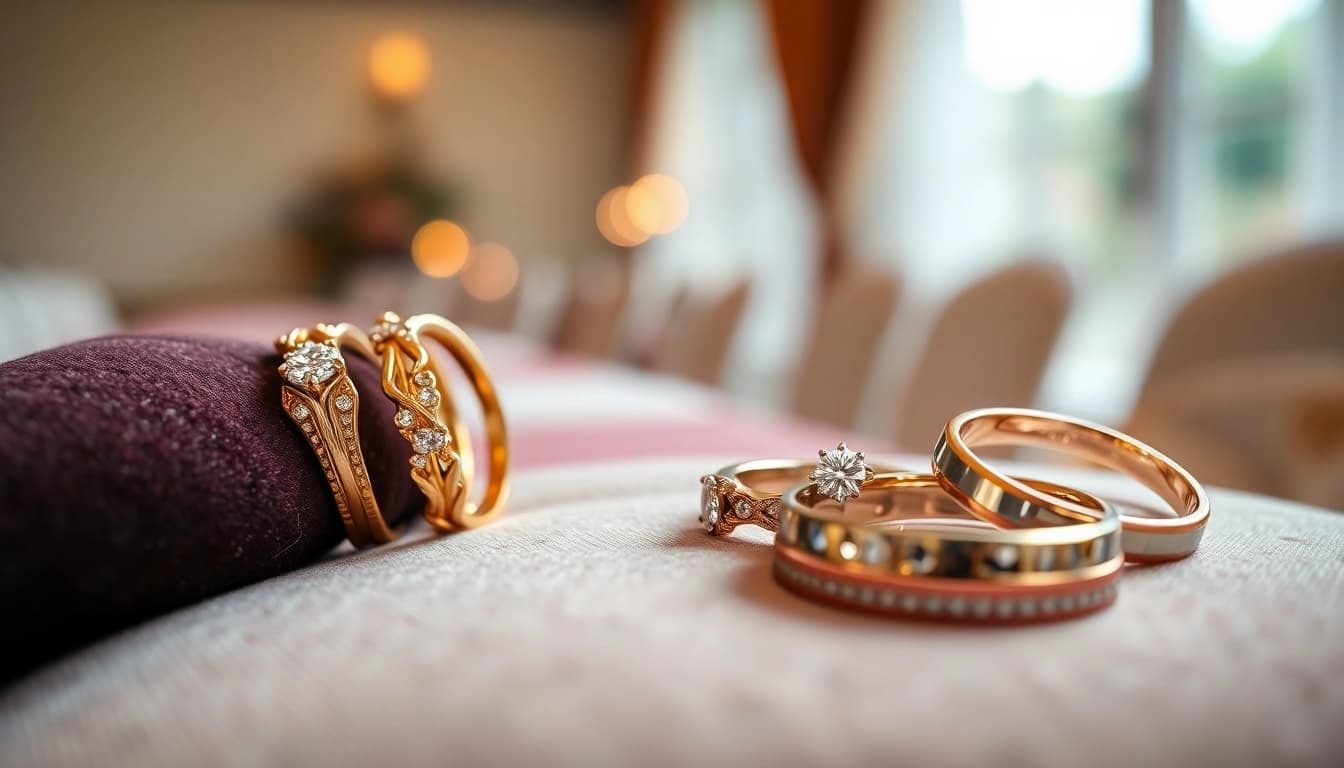 Showcasing wedding bands with intricate designs and sparkling accents on a plush cushion.