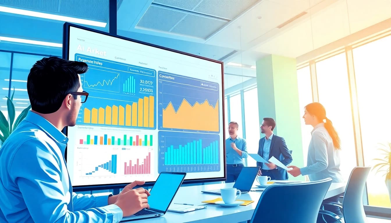 Analyze market trends using AI for competitor analysis in a modern office setting.