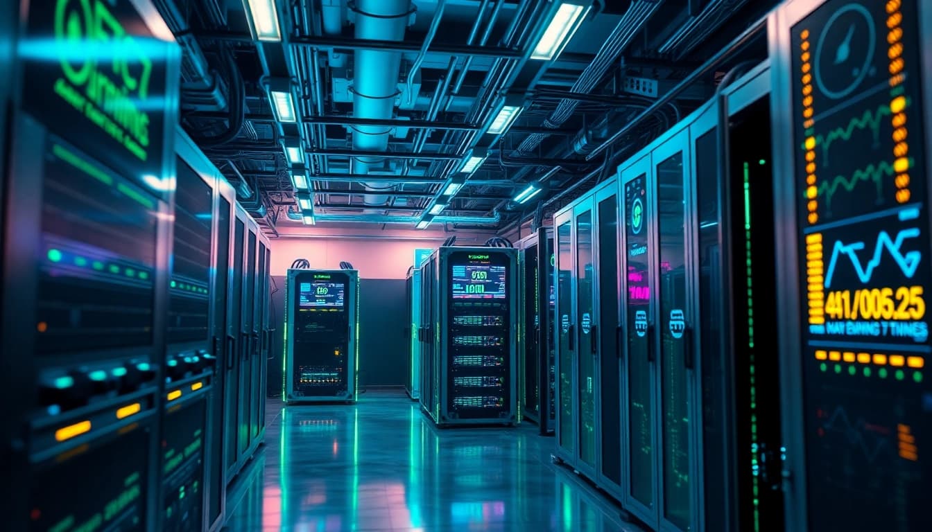 Advanced crypto mining app operations in a modern facility with real-time statistics.