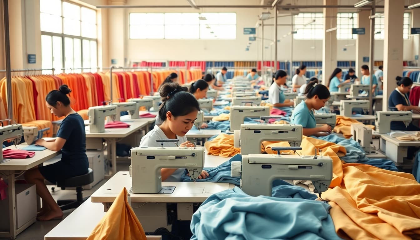 Workers in apparel manufacturing in China sewing garments with precision.