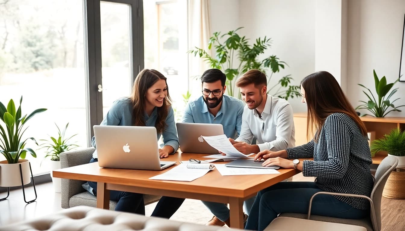 Hire remote salespeople collaborating in a bright, modern office environment.