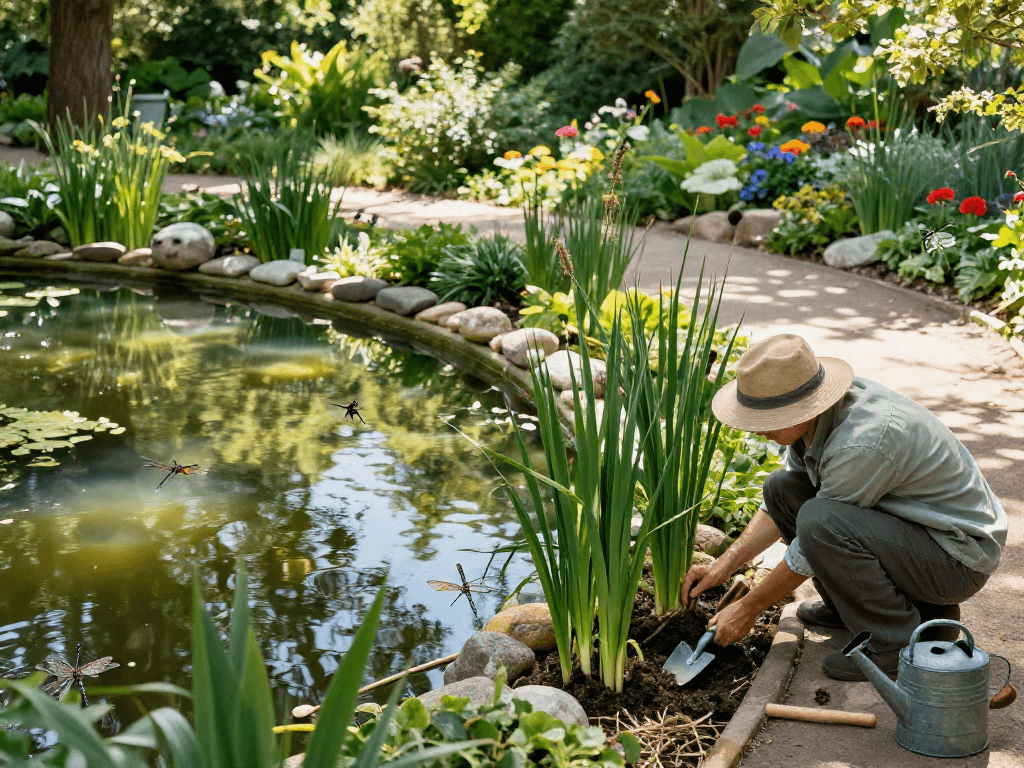 Marginal Pond Plants enhance a tranquil garden pond, gardener planting reeds amidst vibrant surroundings.