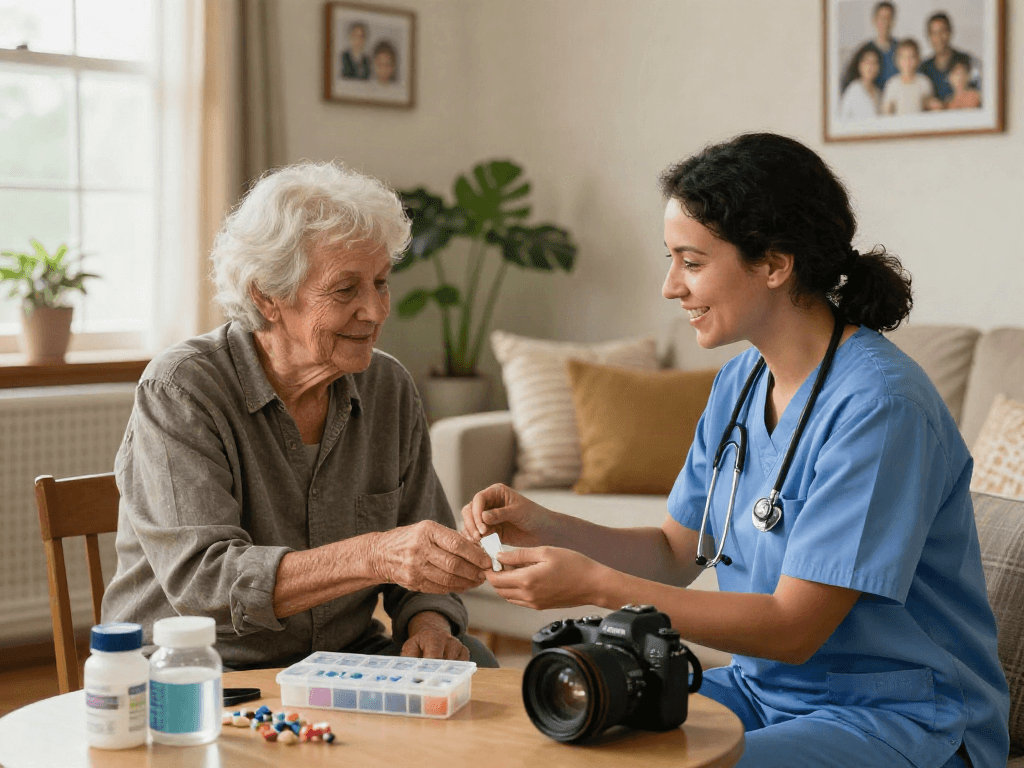 Compassionate caregiver providing support to elderly person as a bonus new member.