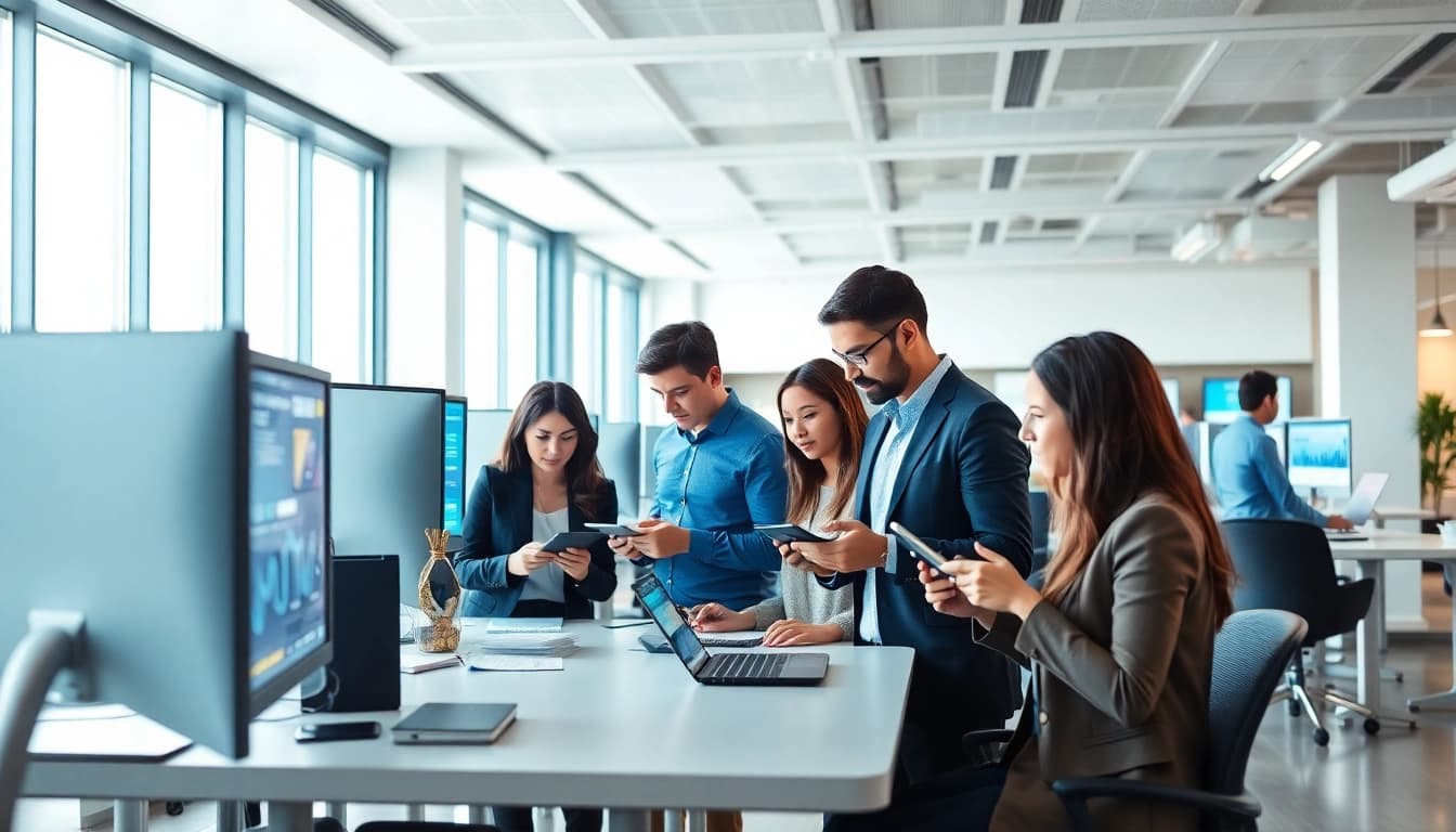 Showcasing enterprise search solutions in a collaborative workspace with high-tech digital devices.