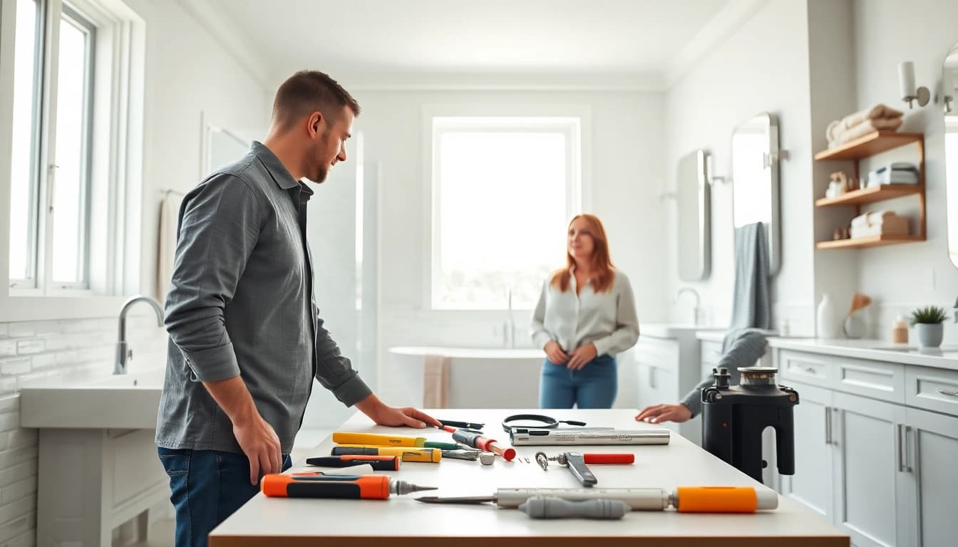 Skilled bathroom remodeling contractor collaborating with a homeowner on design choices.