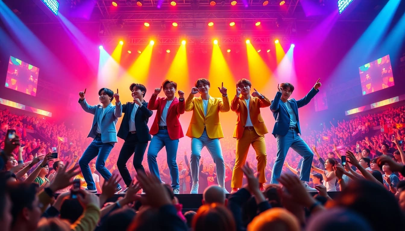 A dynamic performance of bts members captivating an audience with vibrant energy.