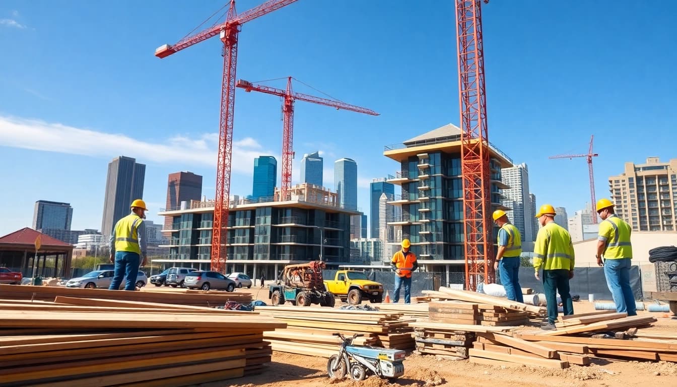 Showcasing Austin construction worksite with workers, cranes, and city skyline.