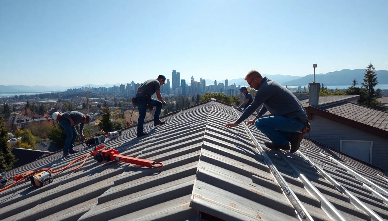 Installation of metal roofing vancouver showcasing skilled workers on a residential roof.